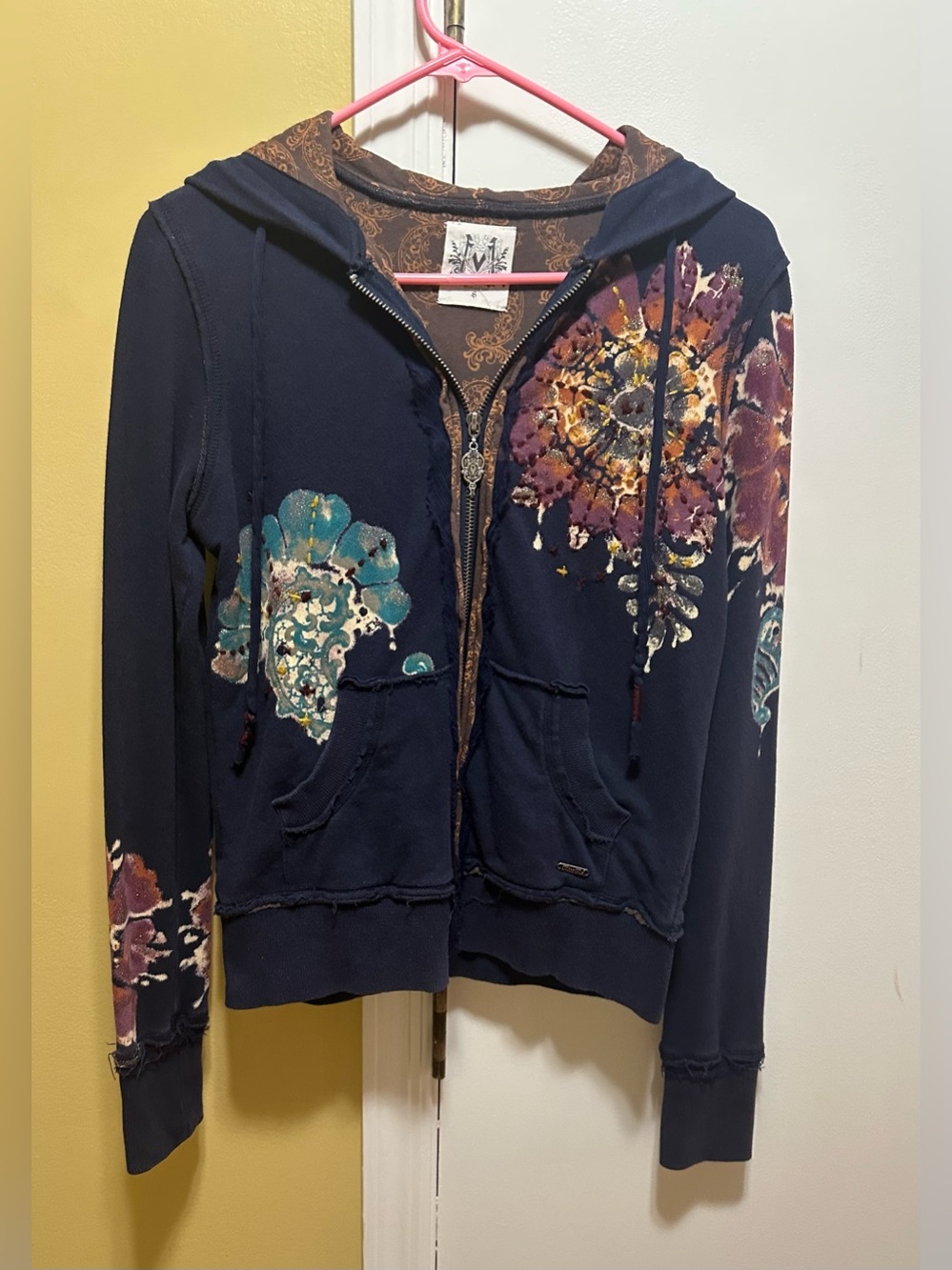 Miss Me Navy Boho Floral Glitter Zip-Up Hoodie (S)